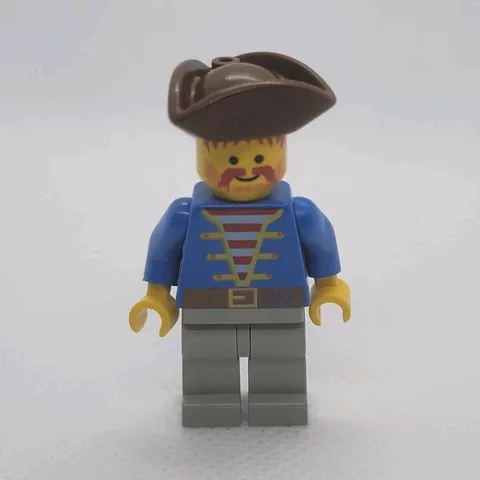LEGO Pirate/Sailor Minifigure Brown Tricorn Hat Blue Torso Gray Legs Mustache