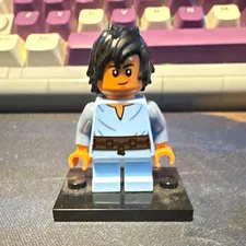 LEGO Minifigure w/ Light Blue Outfit, Black Hair, Brown Belt