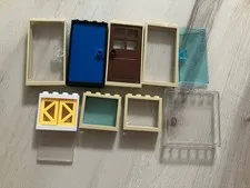 LEGO 9pc Door & Window Parts Lot Beige Frames Blue/Brown Doors Clear Panes