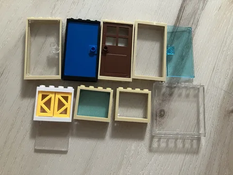 LEGO 9pc Door & Window Parts Lot Beige Frames Blue/Brown Doors Clear Panes