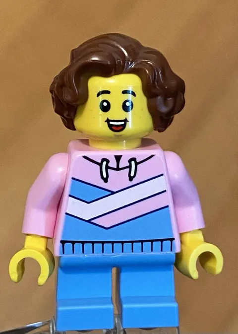 LEGO City Town Little Girl Minifig, Pink Hoodie, Brown Hair, Blue Short Legs
