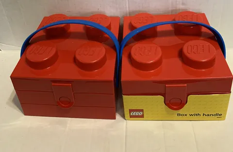 2 LEGO Plastic Storage Bricks , Lunch Box Red w/ Blue Rubber Handle NEW