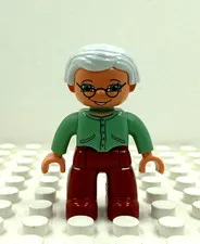 Lego Duplo Figure Grandma white hair glasses olive/maroon