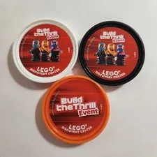 Legoland Discovery Center Pop Badge Build Thrill Event Lot of 3 Orng White Black