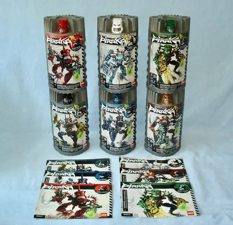All 6 Lego Bionicle PIRAKA (8900-8905) with Light-Up Eyes in Canisters + Manuals