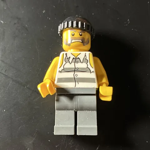 LEGO Minifigure Burglar/Robber w/ Black Beanie, White Printed Torso, Gray Legs