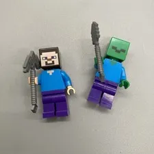 Lot (2) LEGO STEVE And Zombie Minifigure Minecraft Authentic Silver Pickaxe