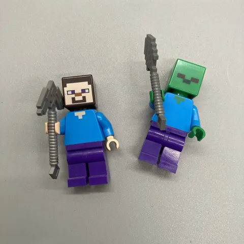 Lot (2) LEGO STEVE And Zombie Minifigure Minecraft Authentic Silver Pickaxe