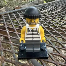 LEGO Minifigure Criminal Thief/Burglar Black Beanie, Striped Torso, Gray Legs
