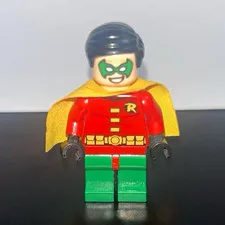 LEGO Robin Minifigure Red Torso Green Legs Yellow Cape Black Hair