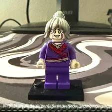 LEGO Minifigure Purple Outfit Gray Hair Top Knot w/ Black Display Stand