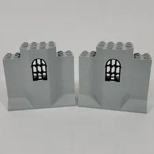 2X Vtg LEGO Light Bluish Gray Panel 3x8x6 Black Window Castle Wall Part 48490