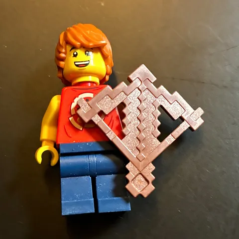 LEGO Minifigure Red Torso Blue Legs w/ Brown Hair & Crossbow Accessory