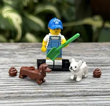 LEGO Minifigures Dog Walker Blue Cap/Overalls w/ Shovel, Dogs,