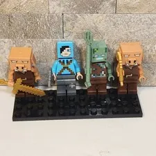 LEGO Minecraft Minifigure Lot 4pc Drowned Trident Piglin Gold Sword Player Blue