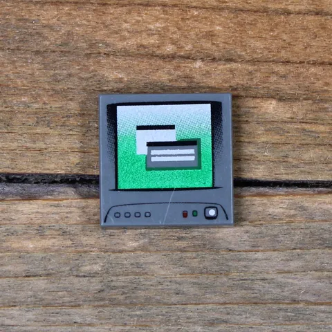 LEGO Dark Bluish Gray Tile 2 x 2 Computer Monitor White Power Switch 3068pb0851