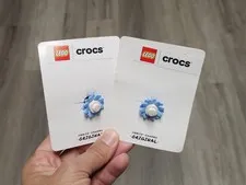 x2 LEGO CROCS Charm Jibbitz: 4LW Blue Flower, Green Tile, Yellow Flower Bud