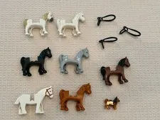 Lego Horse Lot Of 7 White Black Brown Grey w/3 bridals & Dog