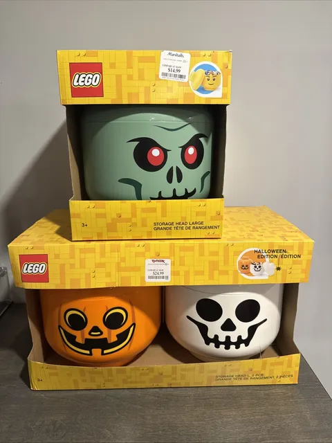 Set of 3 LEGO Halloween Head Containers Zombie Skeleton Pumpkin Large New Unused