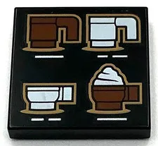 Lego New Black Tile 2 x 2 with 4 Reddish Brown and White Coffee Cups Pattern