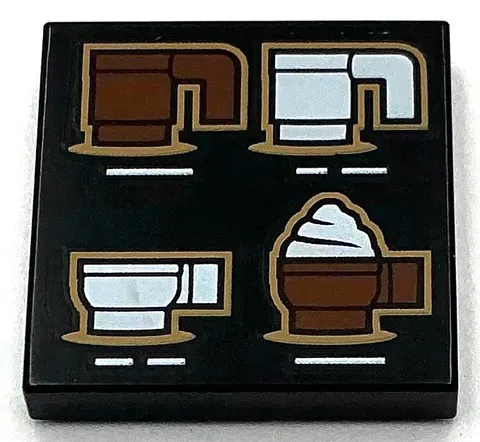 Lego New Black Tile 2 x 2 with 4 Reddish Brown and White Coffee Cups Pattern