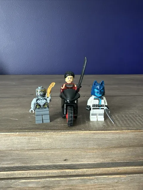 Lot Of 3 LEGO NINJAGO Minifigures w/  Accessories Weapons & Motorcycle