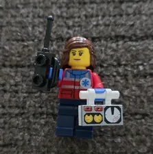 LEGO Paramedic Female Minifigure Brown Hair Red Torso Blue Legs Radio Gear