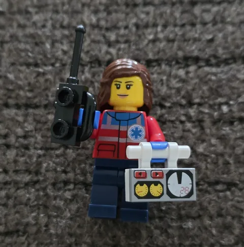LEGO Paramedic Female Minifigure Brown Hair Red Torso Blue Legs Radio Gear