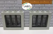(G12/8/4) LEGO 2 x Window Frames 4033 Vintage Light Grey 1x4x3 + 6016 Grille Black