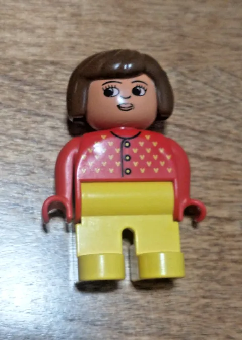 Lego Duplo Female Figure with Red Sweater, Yellow Legs, Turned Down Nose