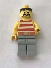 1989 Lego Pirate Minifigure Red & White Short Gray Pants Mustache - Missing Hand