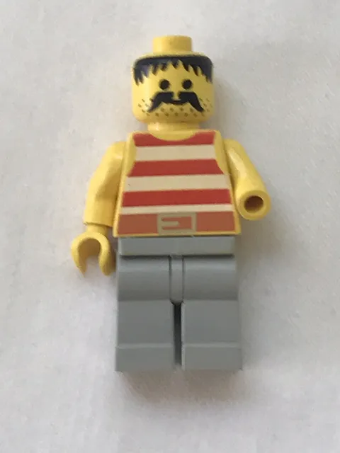 1989 Lego Pirate Minifigure Red & White Short Gray Pants Mustache - Missing Hand