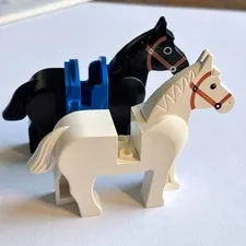 LEGO Vintage Castle Horses Lot of 2 Black Blue Saddle White Moveable Heads