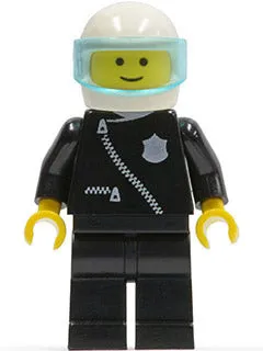 LEGO® Minifigure Town cop004 Police Zipper w/Badge Black Legs White Helmet Trans