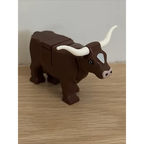 Lego Cow w/Light Nougat Muzzle & White Spot w/Long Horns Tile Top #64452pb01c02
