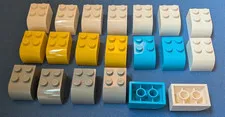 20 Lego pieces bricks 2x3 curved w/4 studs, #6215, white,  blue, gray, yellow