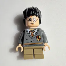 LEGO Harry Potter Minifigure Black Hair Gray Sweater Torso Tan Legs Plastic