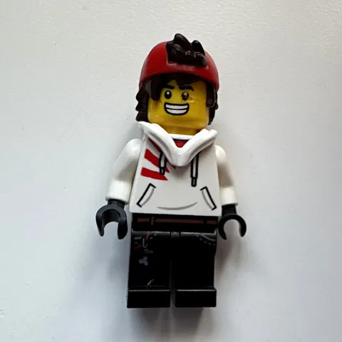 LEGO Minifigure White Hoodie, Red Cap, Black Legs & Black Hair Mini-figure hs043