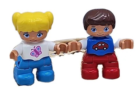 Lego Duplo Figure Kids (2) Girl white/azure butterfly~Boy W/ Car Shirt Blue Eyes