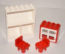 LEGO DUPLO White 2x6x6 Shelf w/ 3 Cupboards Cabinet 6461 w/ Window & 2 Chairs