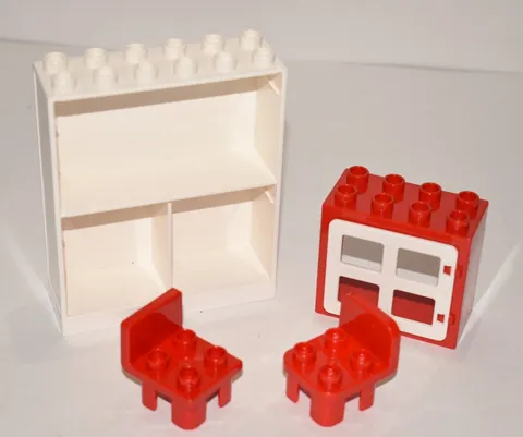 LEGO DUPLO White 2x6x6 Shelf w/ 3 Cupboards Cabinet 6461 w/ Window & 2 Chairs