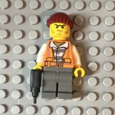 LEGO Minifigure Orange Jacket Gray Legs Brown Hair w/ Black drill Accessory