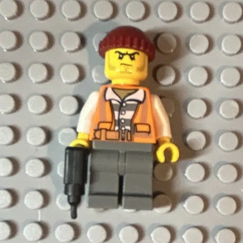 LEGO Minifigure Orange Jacket Gray Legs Brown Hair w/ Black drill Accessory