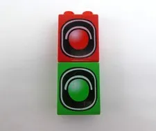 Lego Duplo Red & Green 1 x 2 x 2 Brick w/ Printed Traffic Signal Light Pattern