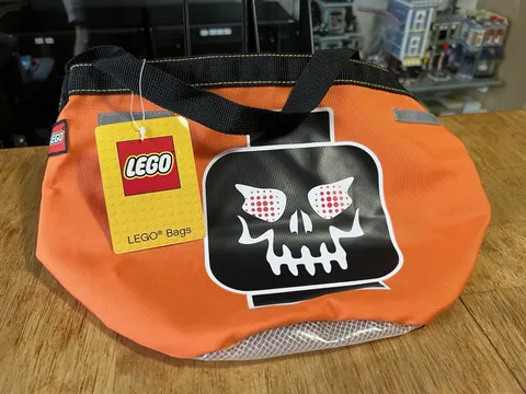 NEW LEGO Halloween Tote Bucket Trick or Treat 14” Bag Orange Minifigure Skeleton