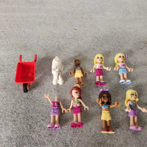 LEGO Friends Mini Doll Figure Lot 7 Figures Horse Red Wheelbarrow Accessories