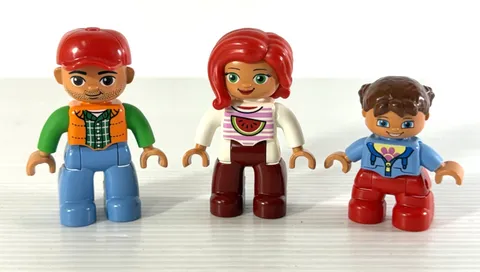 Lot of 3 Lego Duplo Figures Man in Red Hat, Woman in Watermelon Shirt, Girl