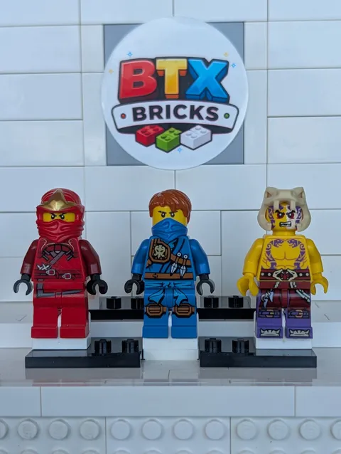 Lego Ninjago Minifig Lot, Jungle Robe Jay, Kai ZX, Sleven. (Torso Cracks)