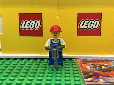 Lego Mini Figurine City Worker Blue Overalls Red Hat