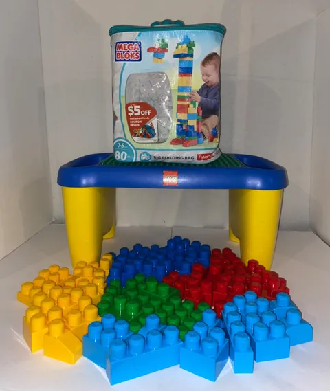 Vintage LEGO duplo Building Block Lap Table with Side Storage + Bag of 80 Blocks